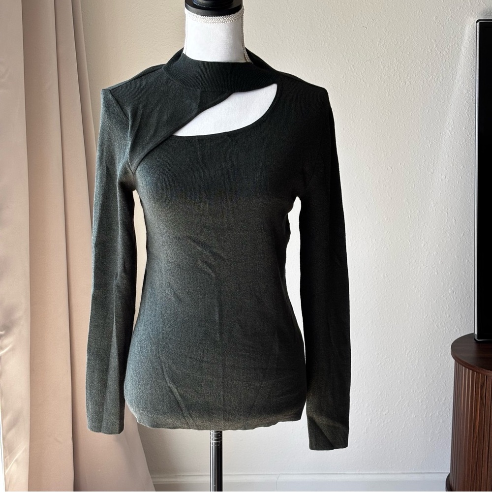 Vince Camuto Dark Green Shimmery Ribbed Cut-Out Long Sleeve Sweater Size S